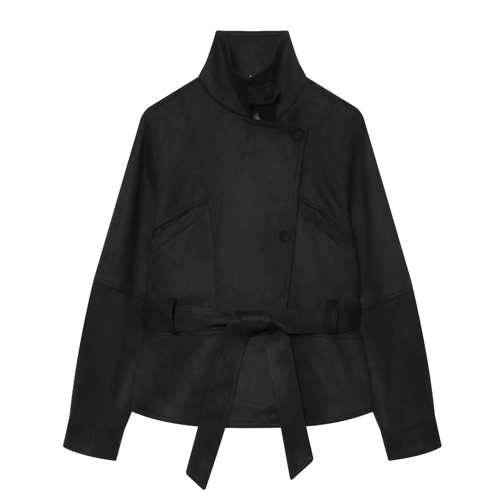 Women's with belt suede short slim jacket Coat