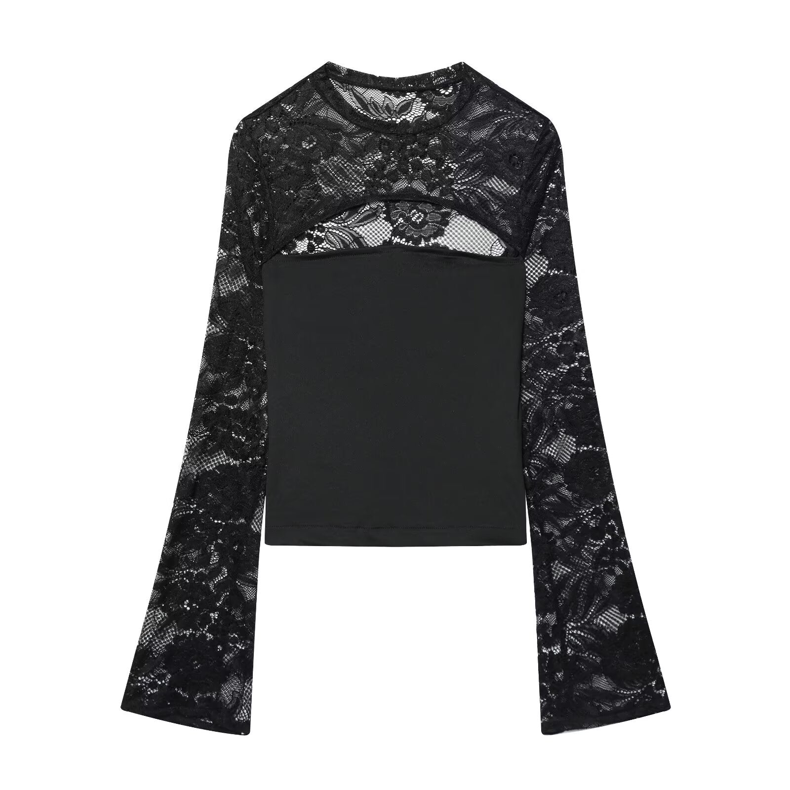 Women's lace patchwork hollow flared sleeve top