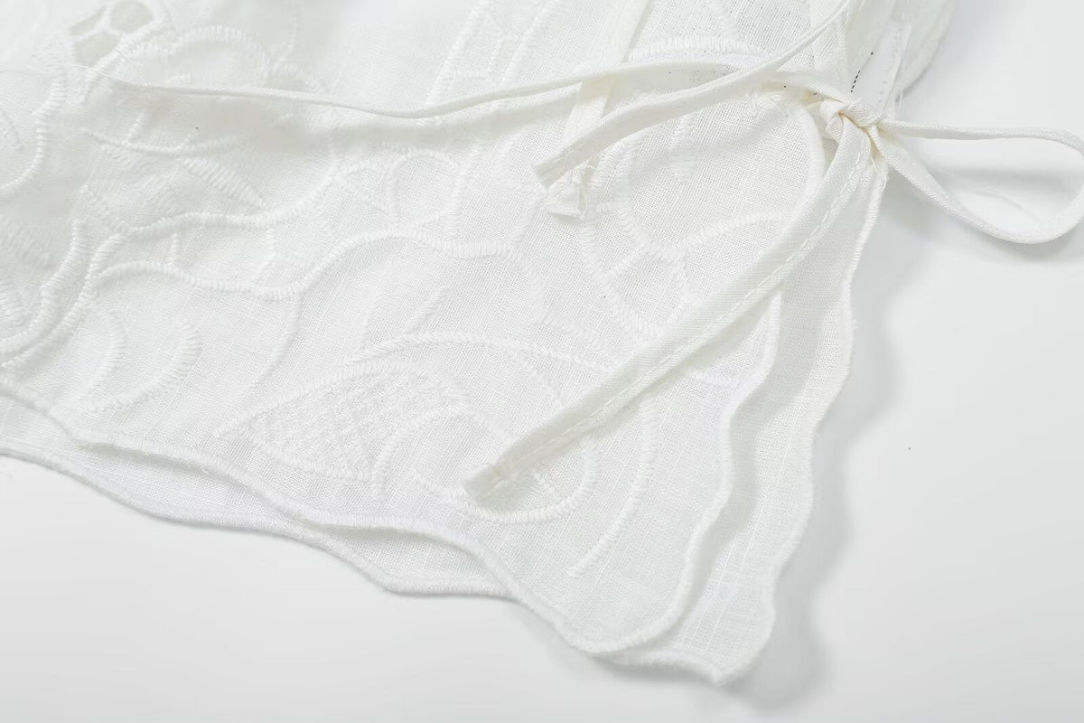 Women's bow decoration hollow embroidery top