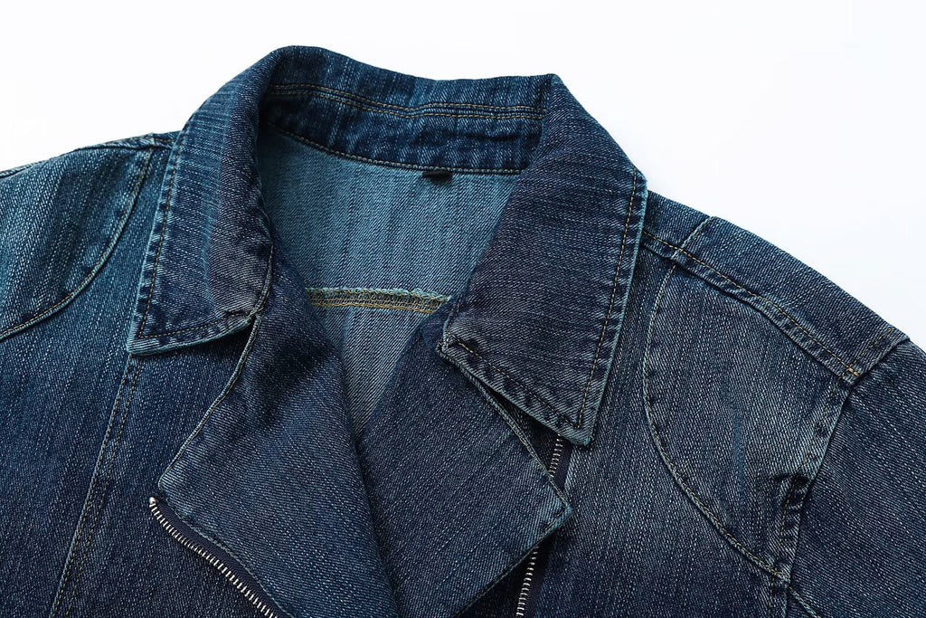 Women's belt decoration denim motorcycle style jacket Coat