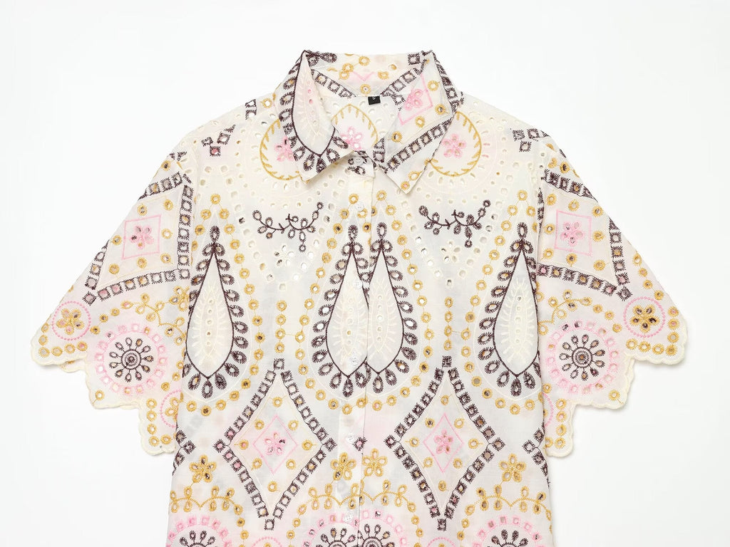 Women's hollow embroidered short sleeved shirt