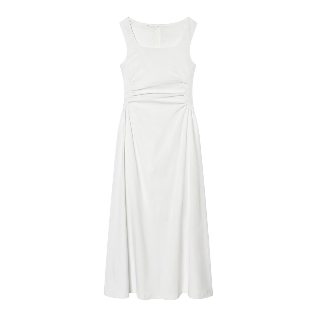 Women's U-neck pleated waist MIDI dress