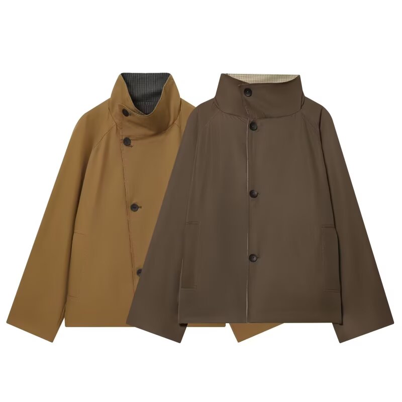 Women's short double-sided wear plaid windbreaker Coat