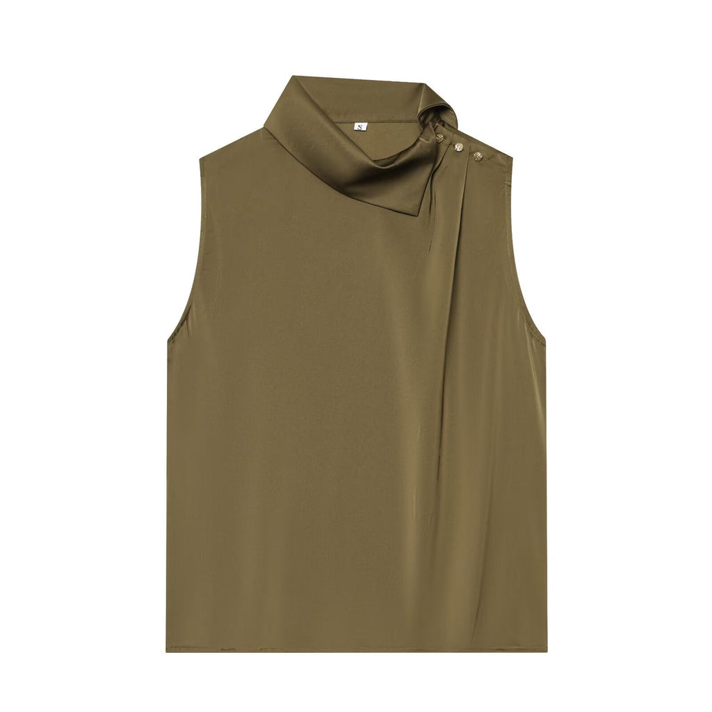 Women's shoulder button decoration satin textured top