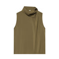 Women's shoulder button decoration satin textured top