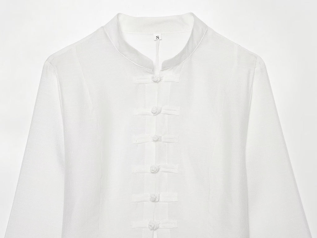 Women's standing collar buckle short top