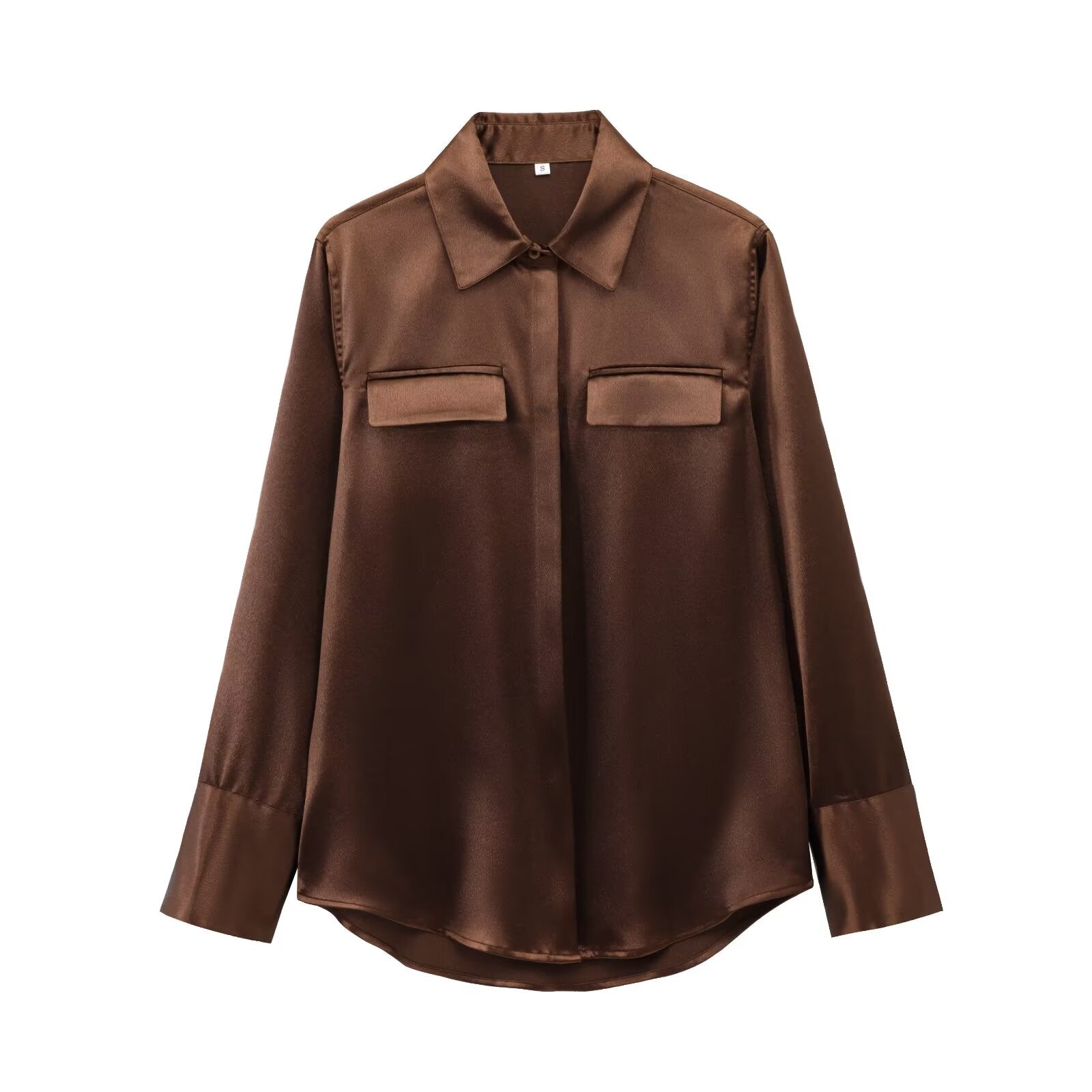 Women's new fashion flip decoration casual satin texture asymmetric shirt retro long sleeved button up women's shirt chic top