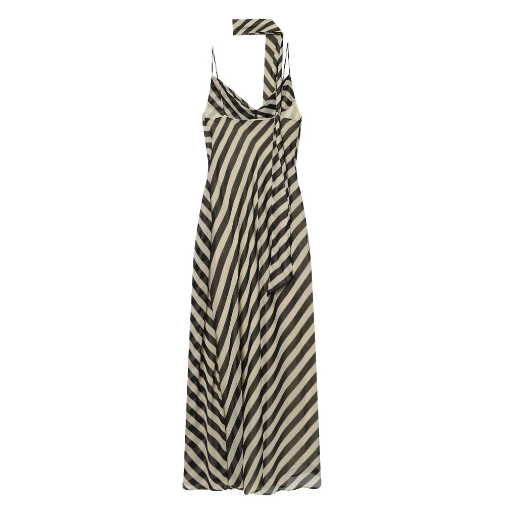 Women's ribbon decoration striped Swing collar dress