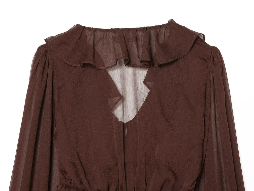 Women's slightly transparent ruffled V-neck top