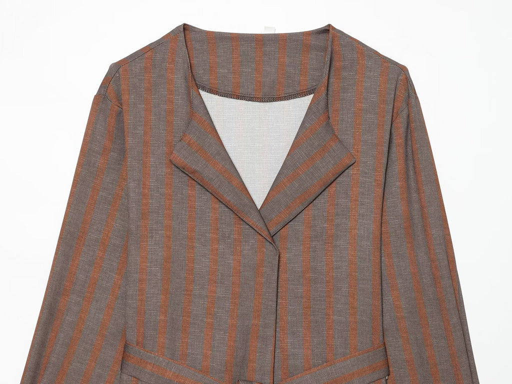 suit Women's 2 pieces with Belt linen blend striped Blazer Coat+Pants