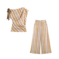 suit Women's 2 pieces bow decoration linen blended striped top+Pants