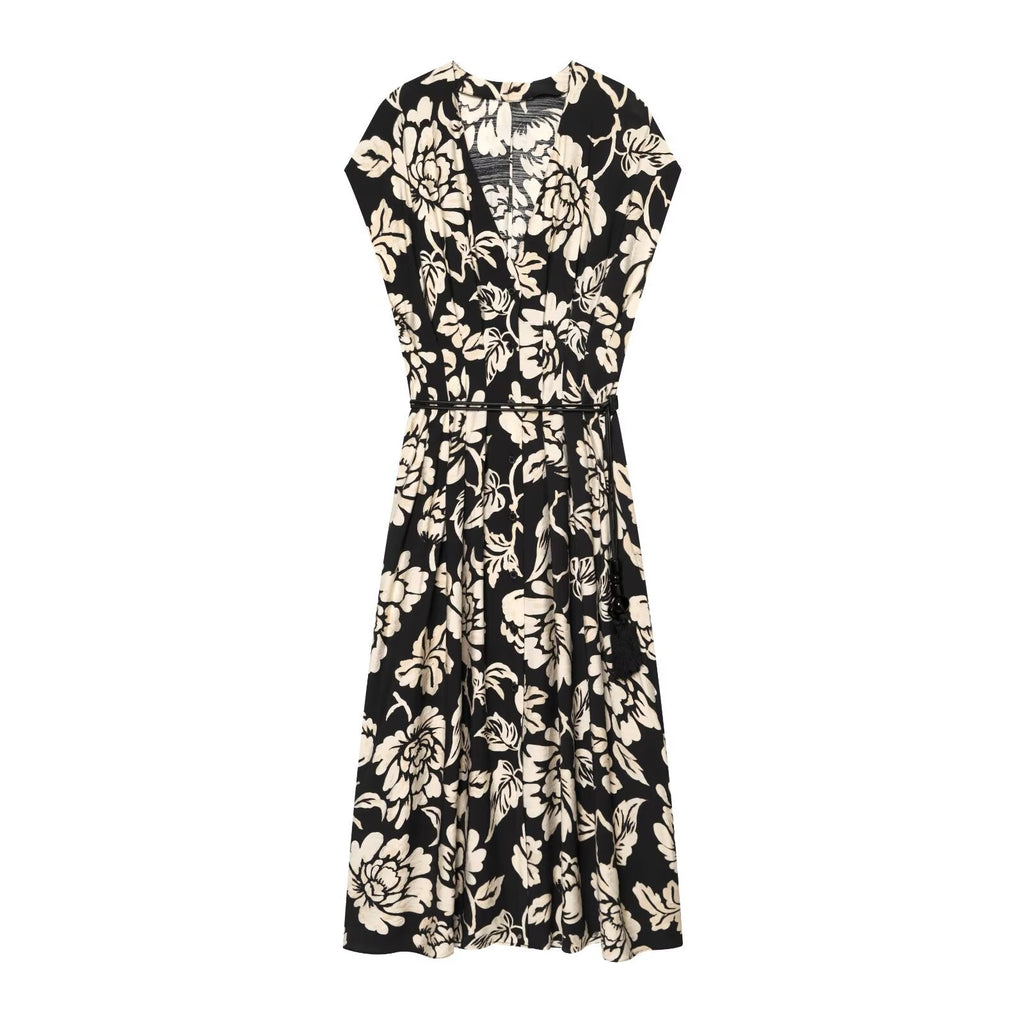 Women's printed V-neck MIDI dress