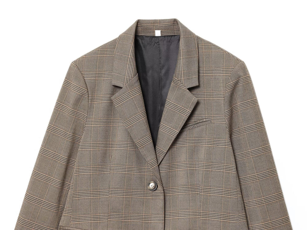 Women's new fashion loose single breasted linen blended plaid suit jacket