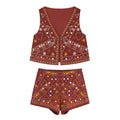 suit Women's 2 pieces mirror effect decorative embroidered vest+shorts