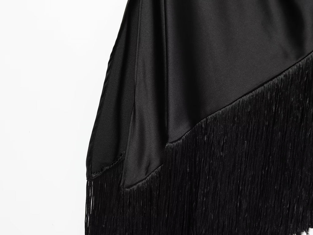 Women's tassel decorated long style satin top