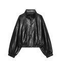 Women's black chimney collar faux leather Coat