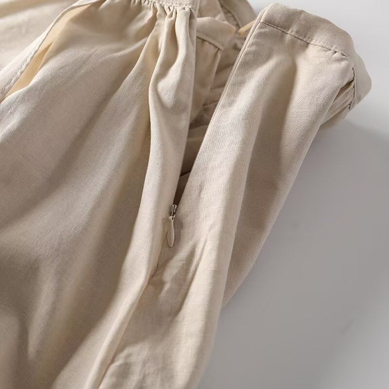 Women's solid linen blended MIDI dress