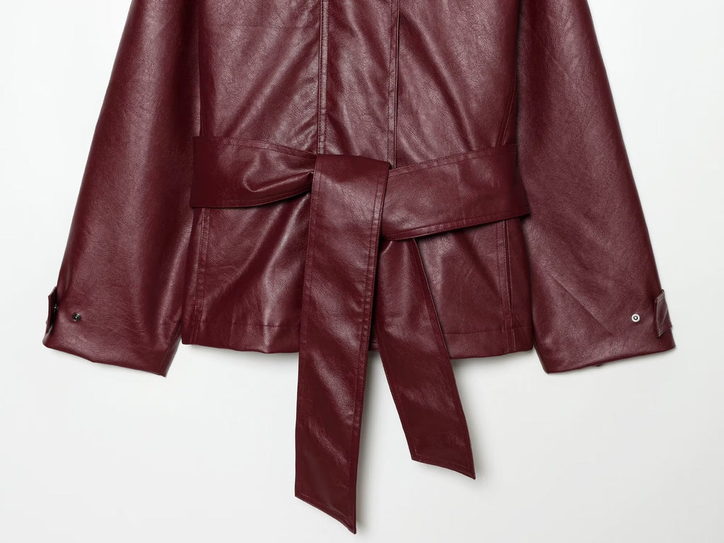 Women's with belt standing collar faux leather Coat