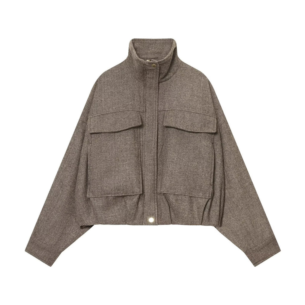Women's casual stand collar herringbone pattern pilot jacket Coat
