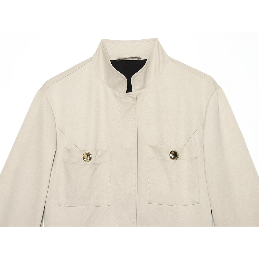 Women's pocket decoration slim stand collar jacket Coat