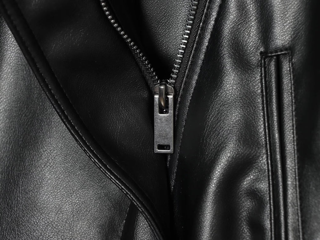 Women's long sleeved lapel leather effect jacket