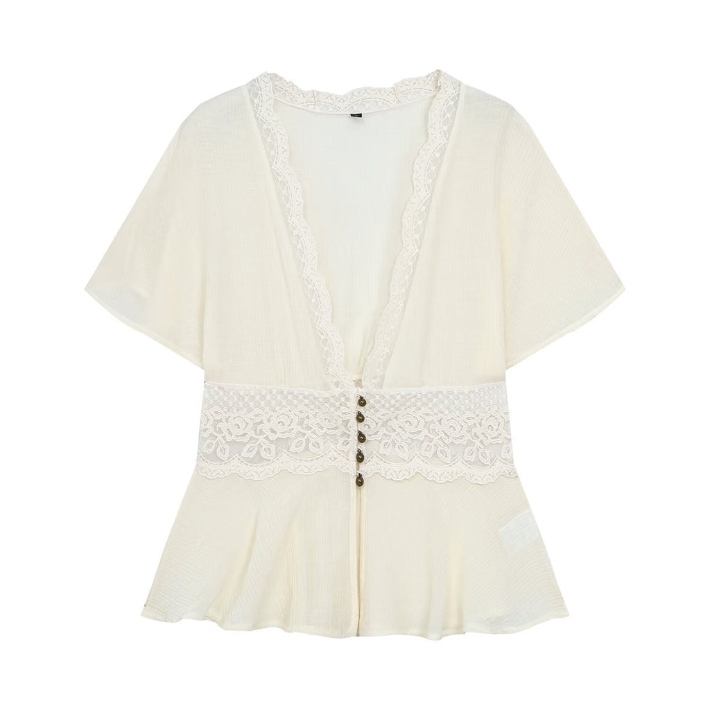 Women's lace patchwork V-neck top