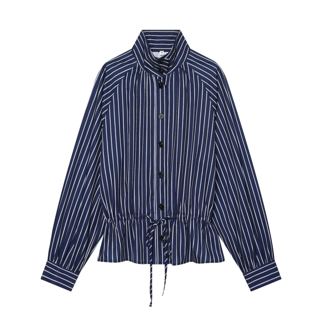 Women's with drawstring striped stand collar shirt