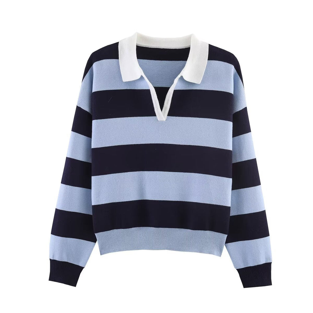 Women's striped polo shirt collar knit sweater