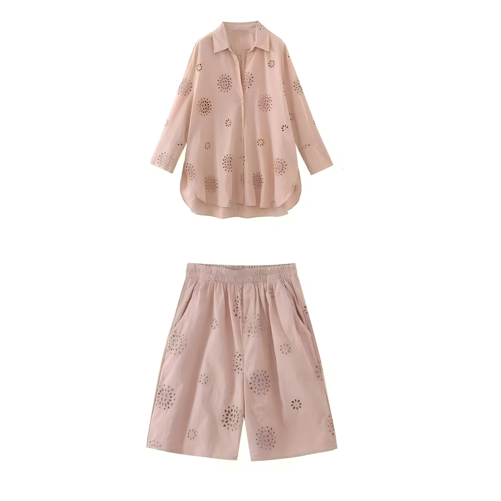 suit Women's 2 pieces loose hollow embroidered shirt+Shorts