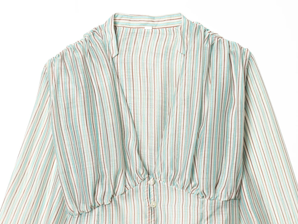 Women's V-neck striped waist cinched shirt
