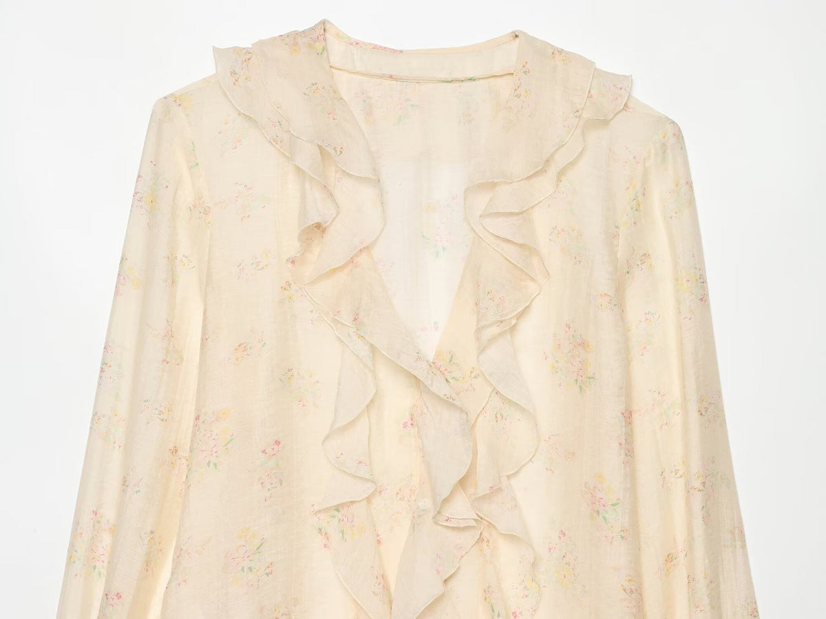 Women's printed V-neck ruffle top