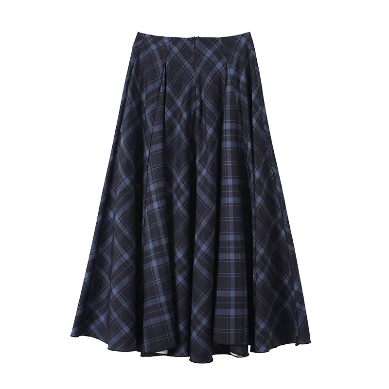 Women's retro plaid patchwork MIDI skirt