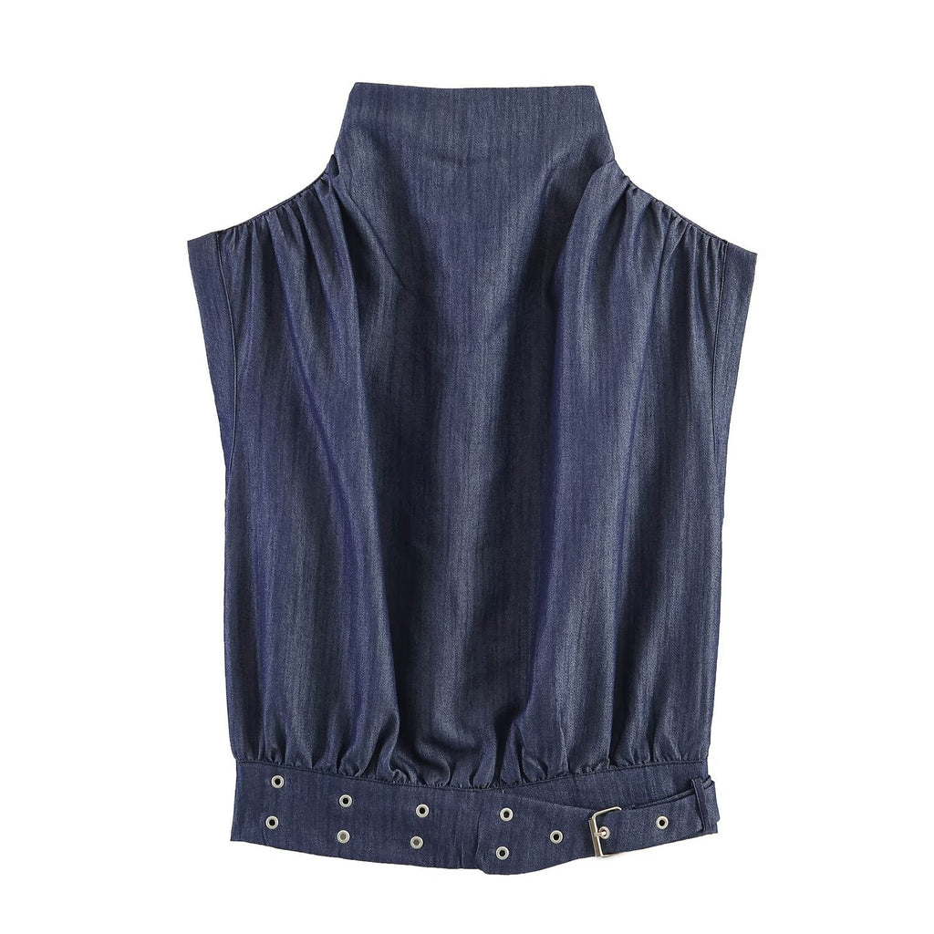 suit Women's 2 pieces rivet buckle decorative sleeveless top+wide leg pants