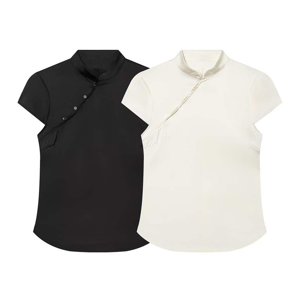 Women's satin textured short button top