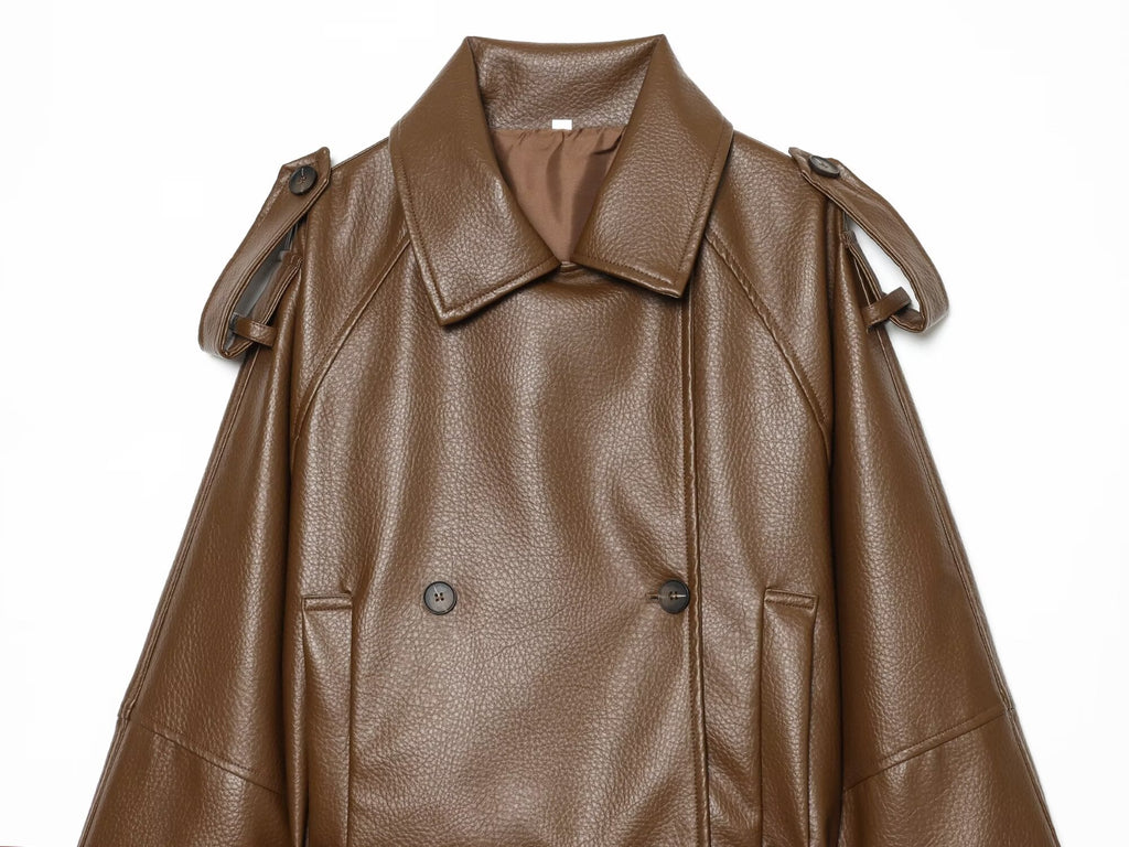 Women's waist belt imitation leather windbreaker jacket