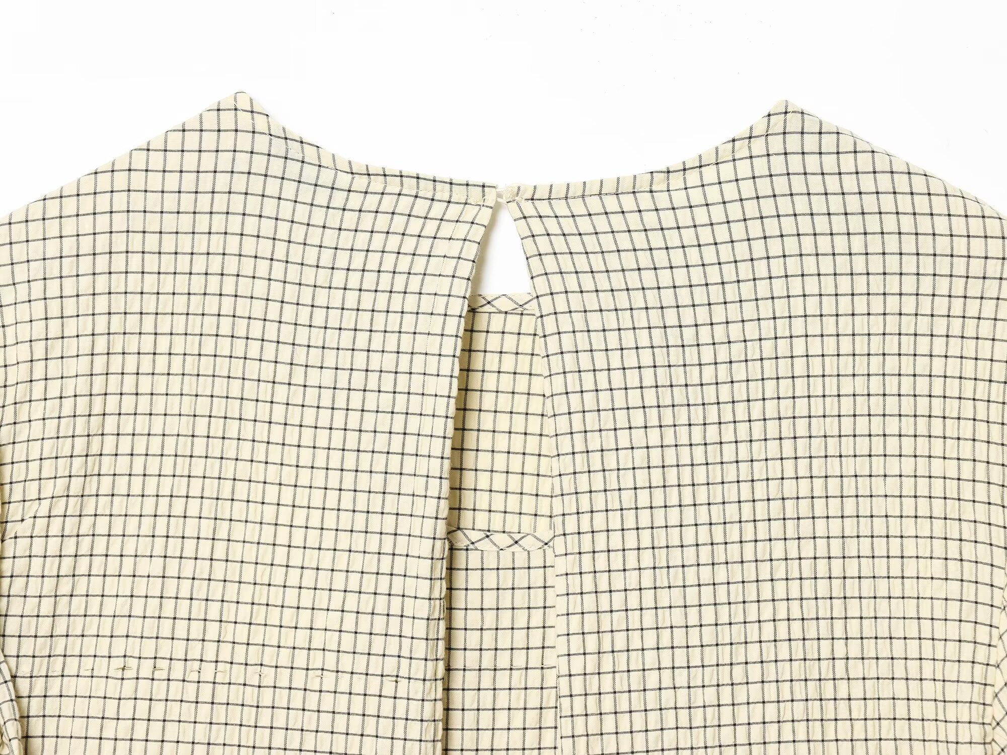 Women's O Neck balloon sleeve checkered top