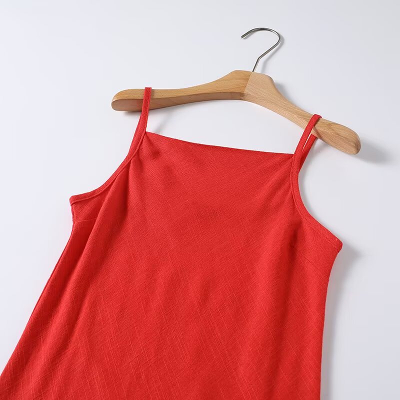 Women's sexy square neck linen suspender MIDI dress