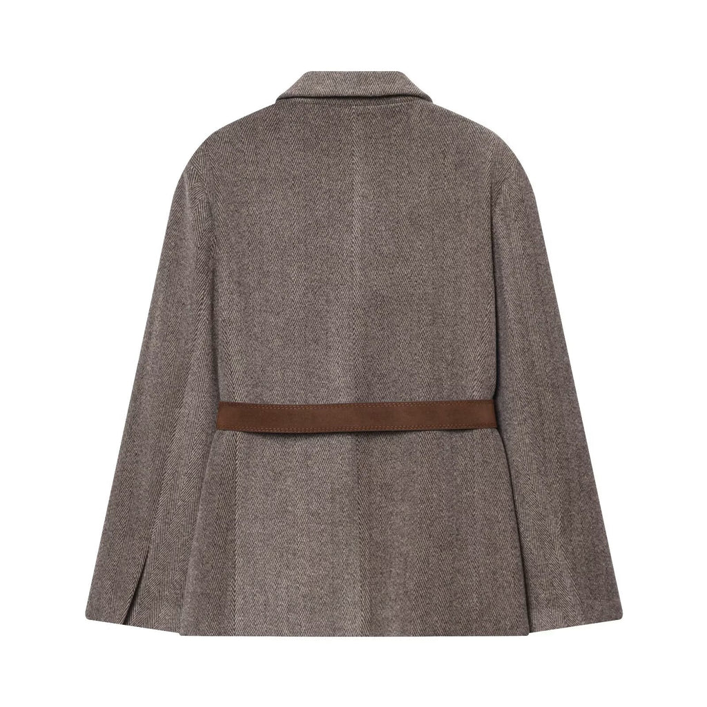 Women's with Belt herringbone diagonal Blazer Coat