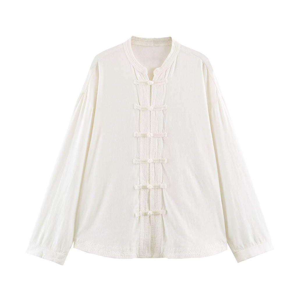 Women's rope knot buckle loose linen blended shirt