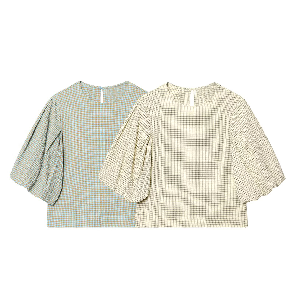 Women's O Neck balloon sleeve checkered top