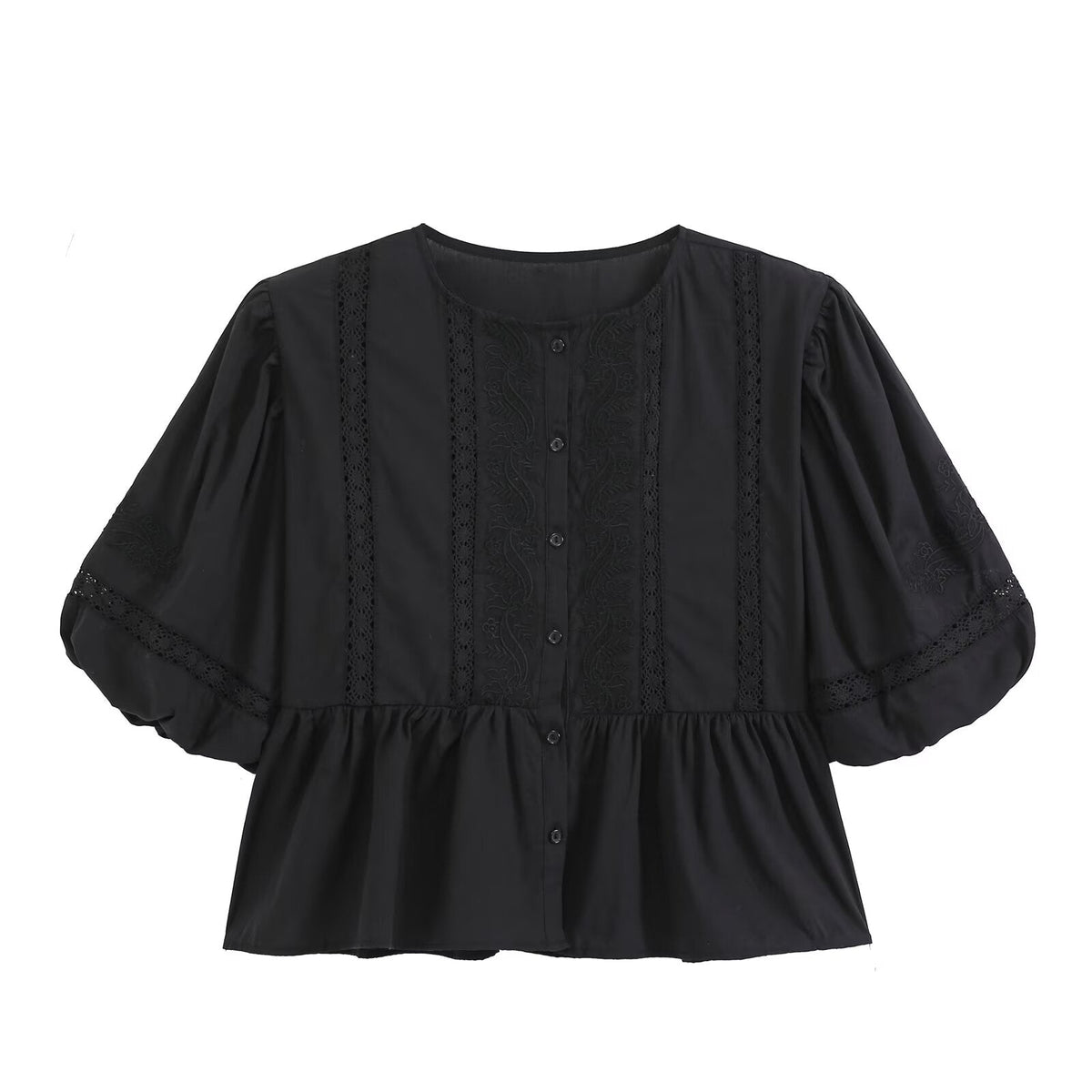 Women's hollowed out embroidered balloon sleeve shirt