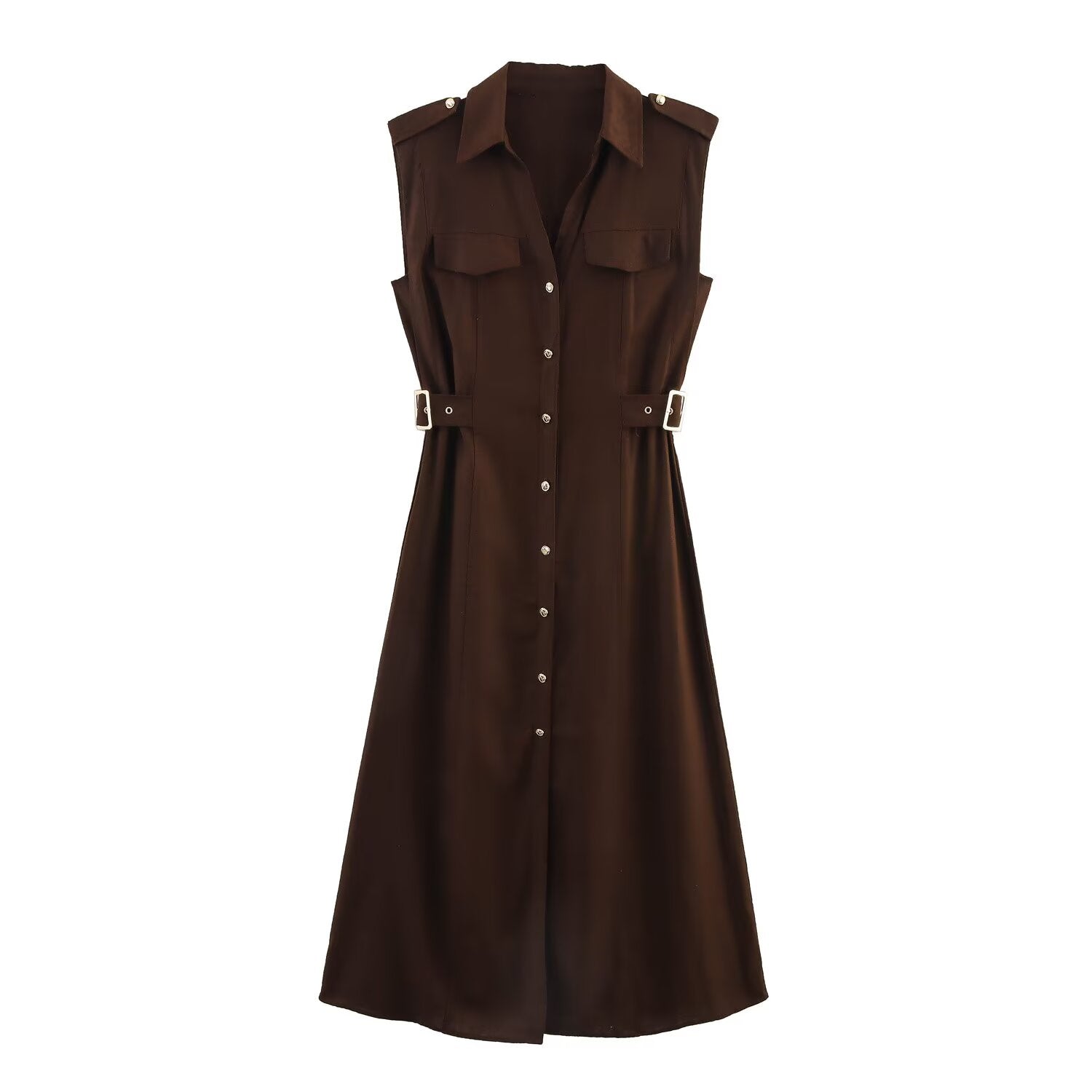 Women's new chic fashion flip decoration casual single breasted linen blended MIDI dress retro sleeveless women's dress