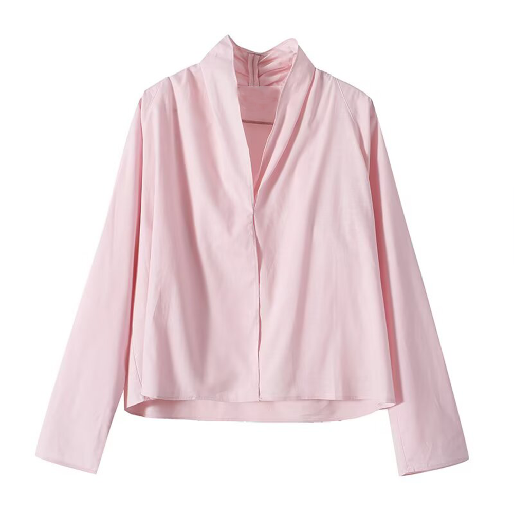 Women's long sleeved linen blended V-neck shirt