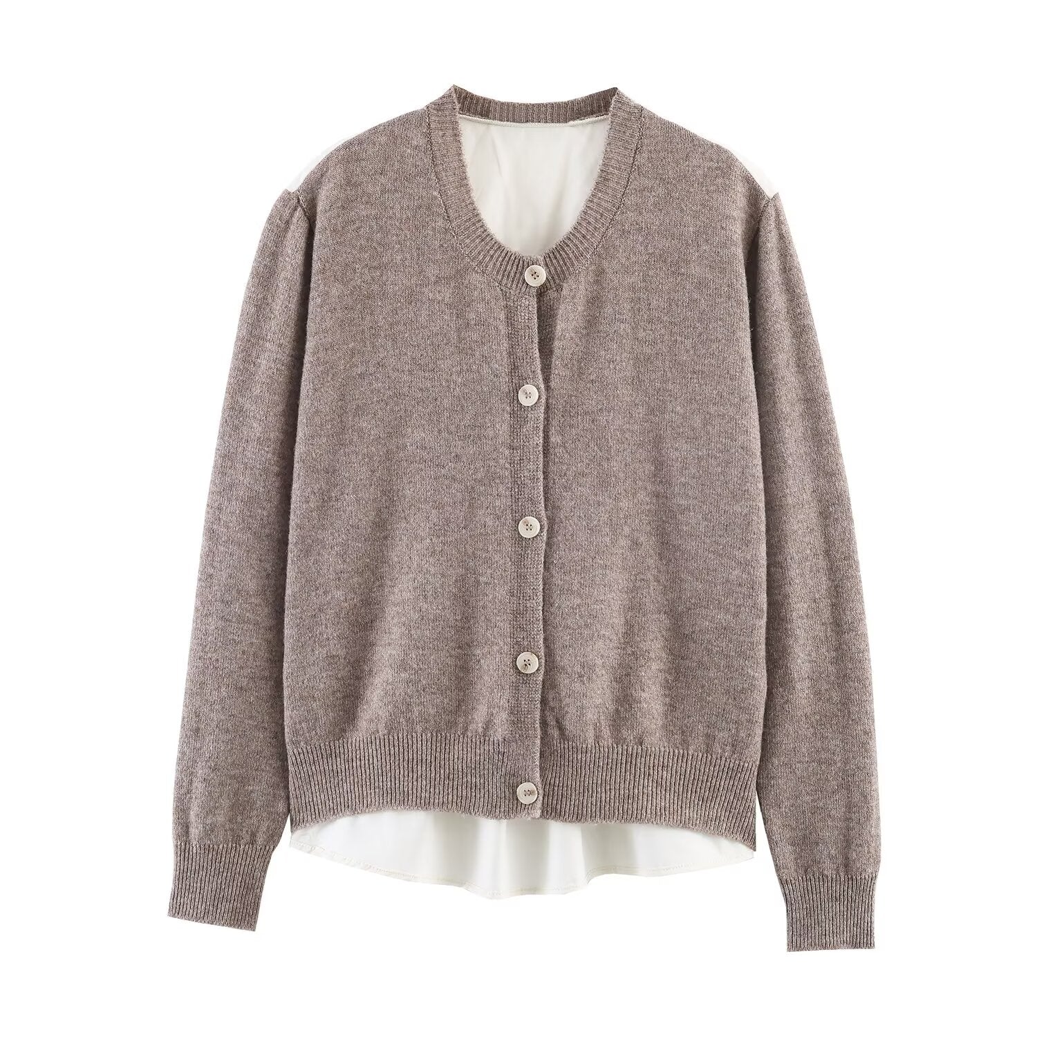 Women's belt decoration O Neck spliced knitted Coat