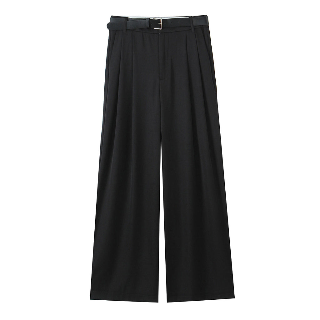 Women's new fashion belt decoration multi-color loose casual double pleated pants retro high waisted side pocket women's pants
