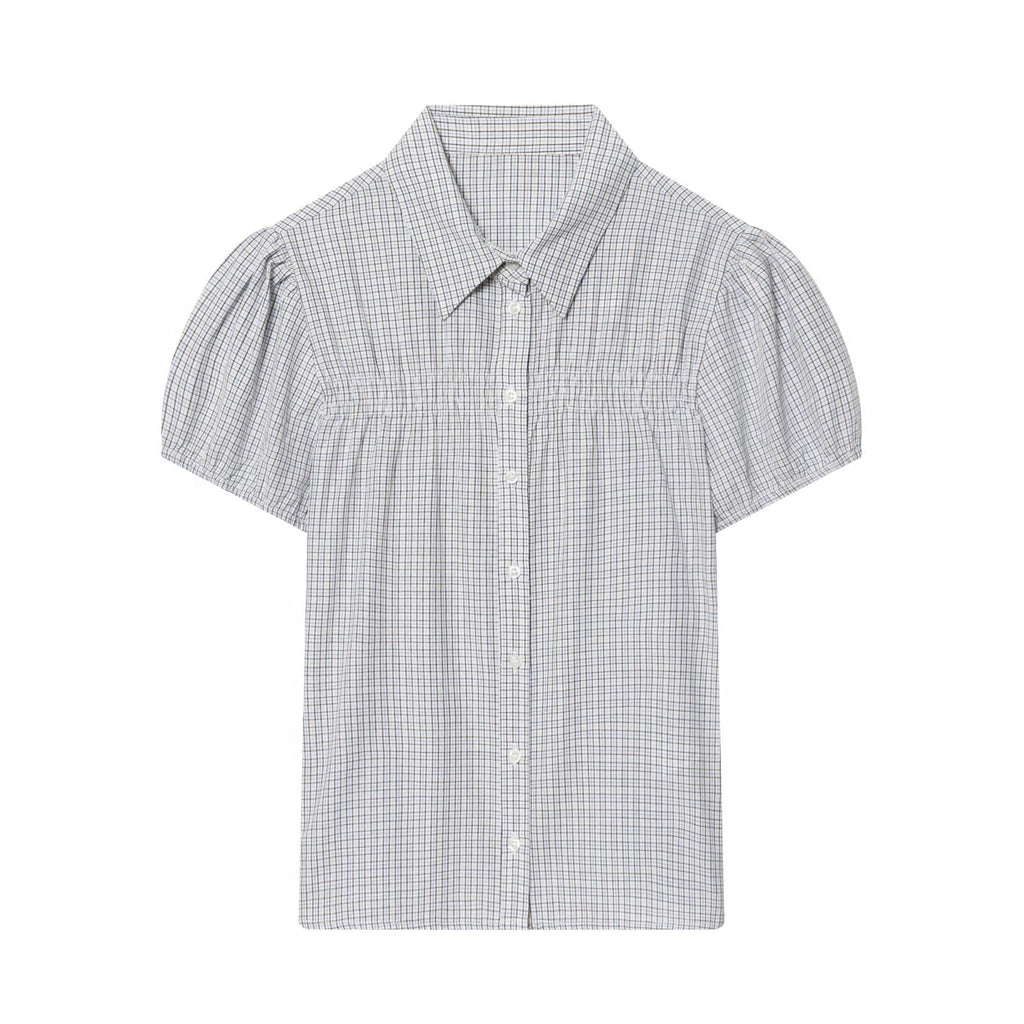 Women's short sleeved plaid elastic poplin shirt