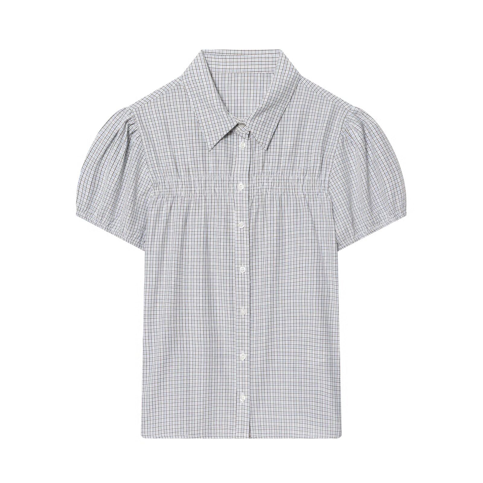 Women's short sleeved plaid elastic poplin shirt