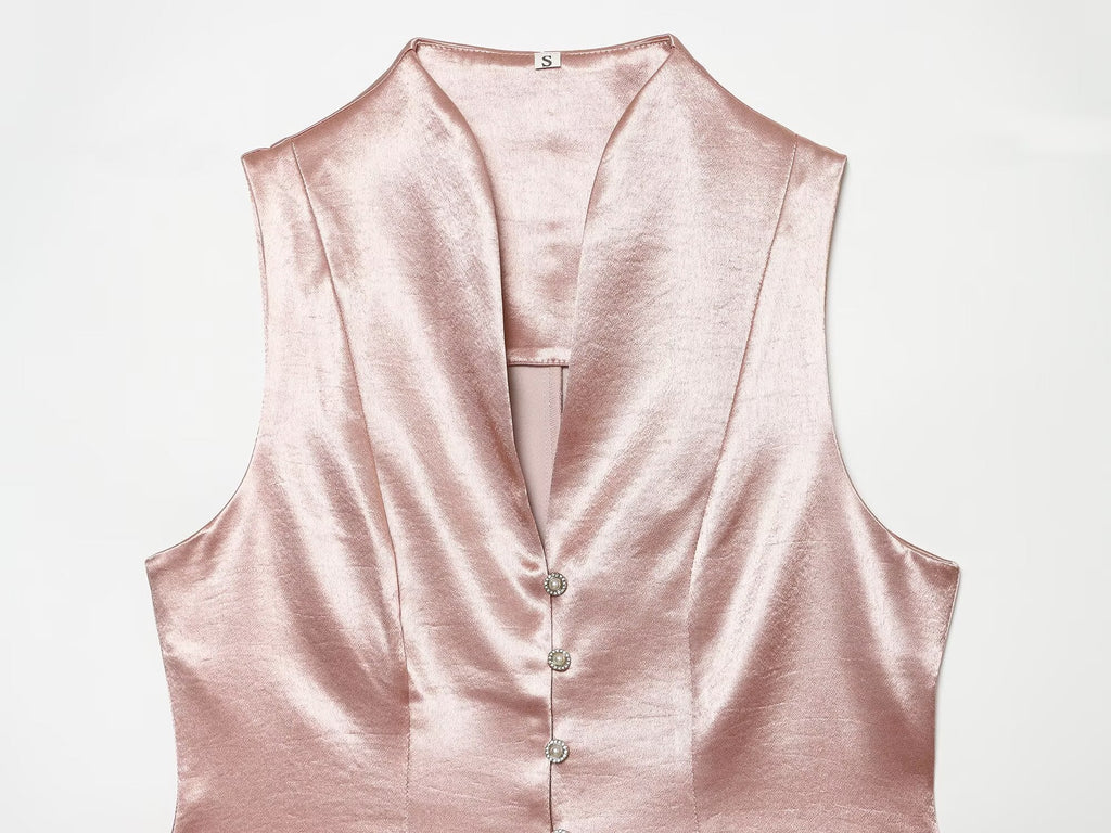 suit Women's 2 pieces button decoration satin textured top+Pants