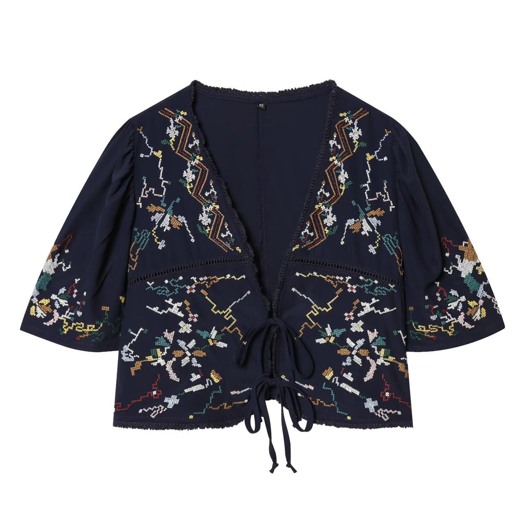 Women's floral embroidery short V-neck top