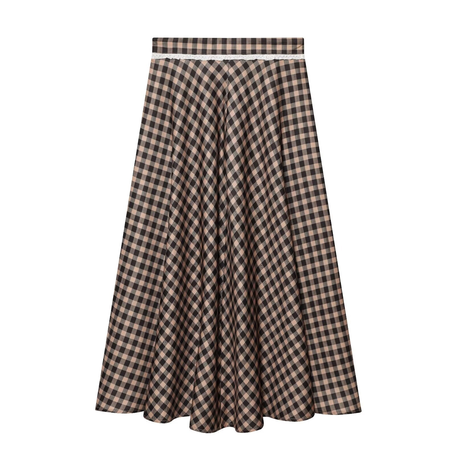 Women's lace decorative plaid MIDI skirt